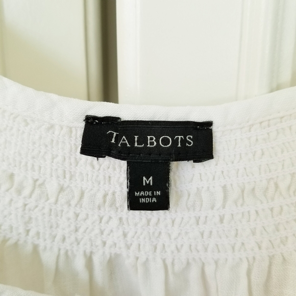 Talbots White Stripe 100% Linen Flutter Sleeve Smocked Notch Neck Top Medium - Picture 3 of 5